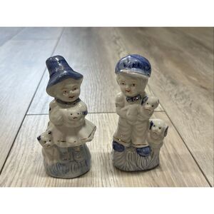 Vintage USSR Soviet Russia Blue and White Porcelain Figurines with Cats and Dogs